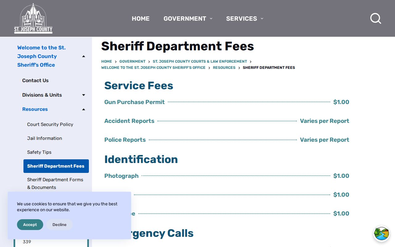 St. Joseph County Sheriff fee page for 24-hour release record requests