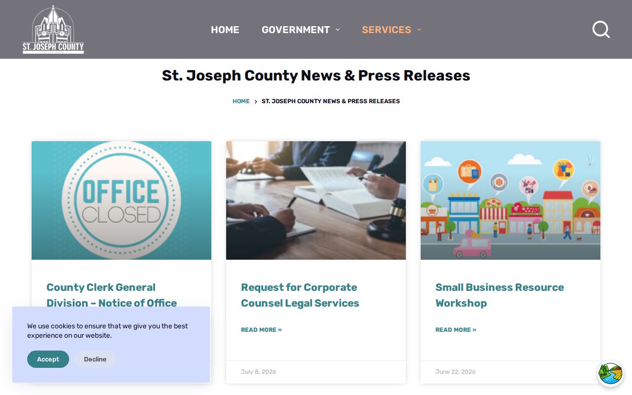 St. Joseph County official news page without a 24-hour release list