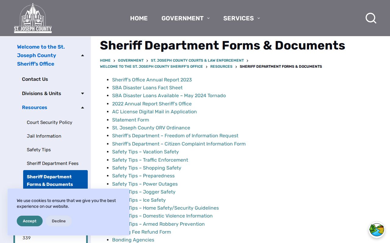 St. Joseph County Sheriff forms for a 72-hour release record request