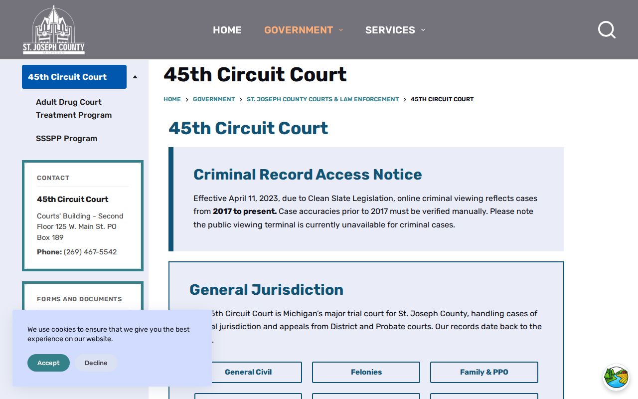45th Circuit Court older St. Joseph County release record limitations
