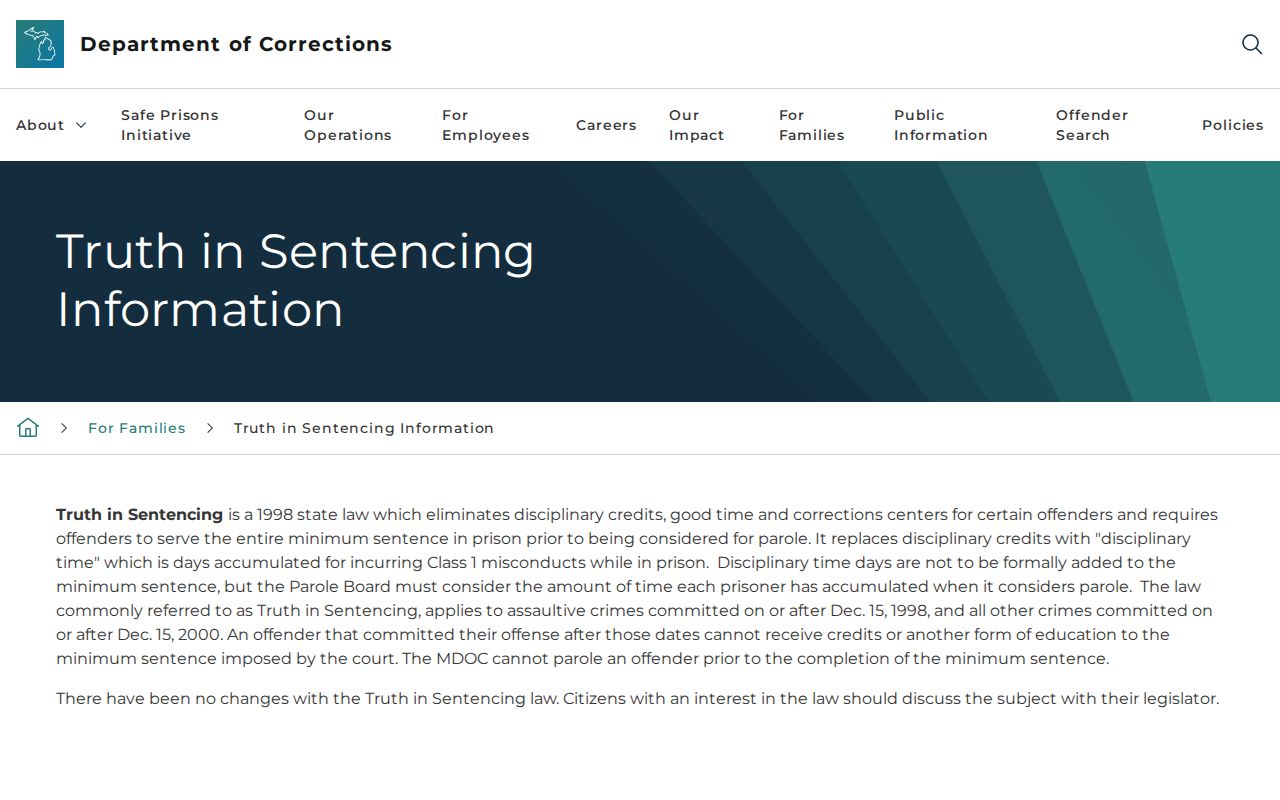 Michigan truth in sentencing guidance for St. Joseph County release dates