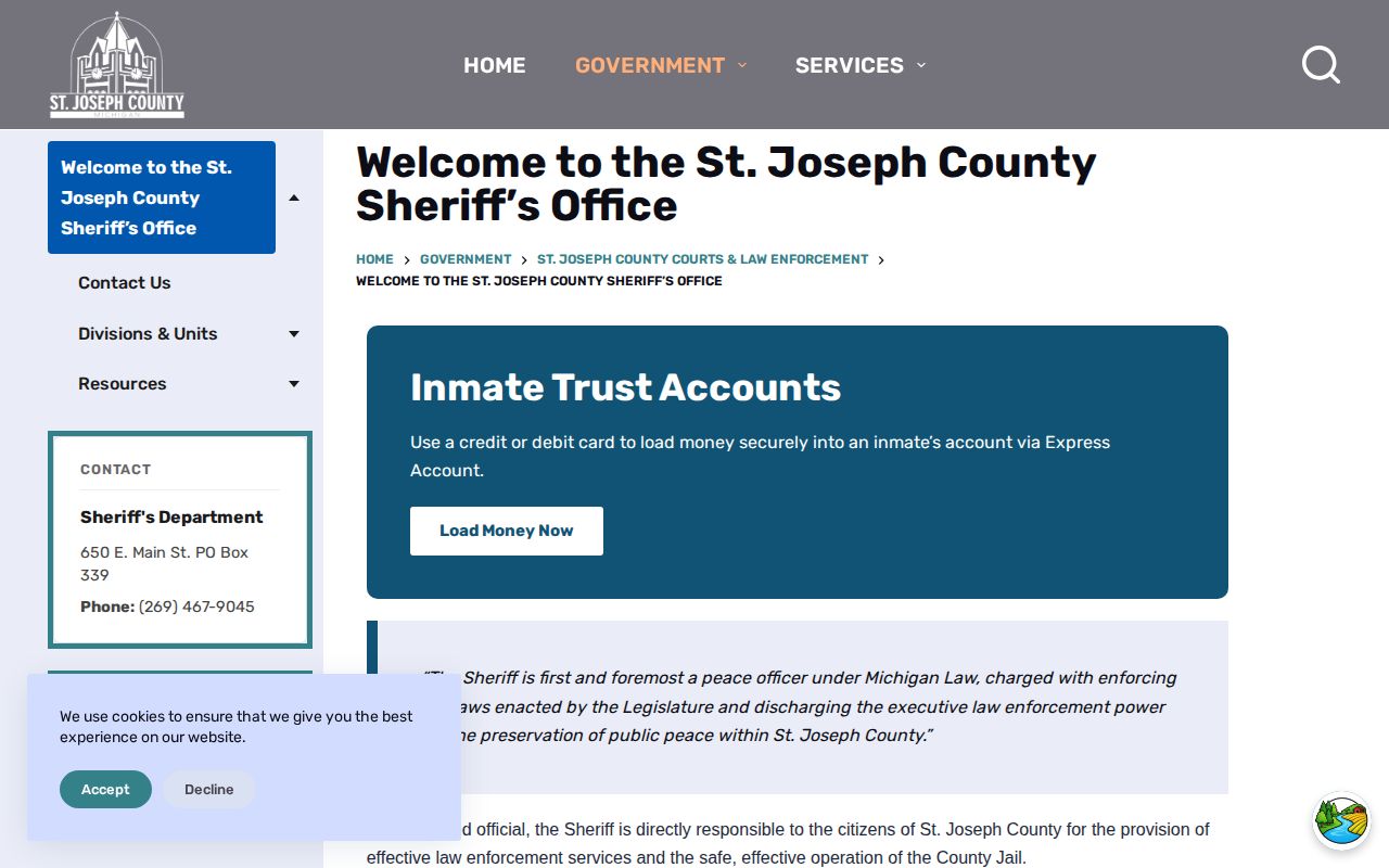 Official St. Joseph County Sheriff page and contact information
