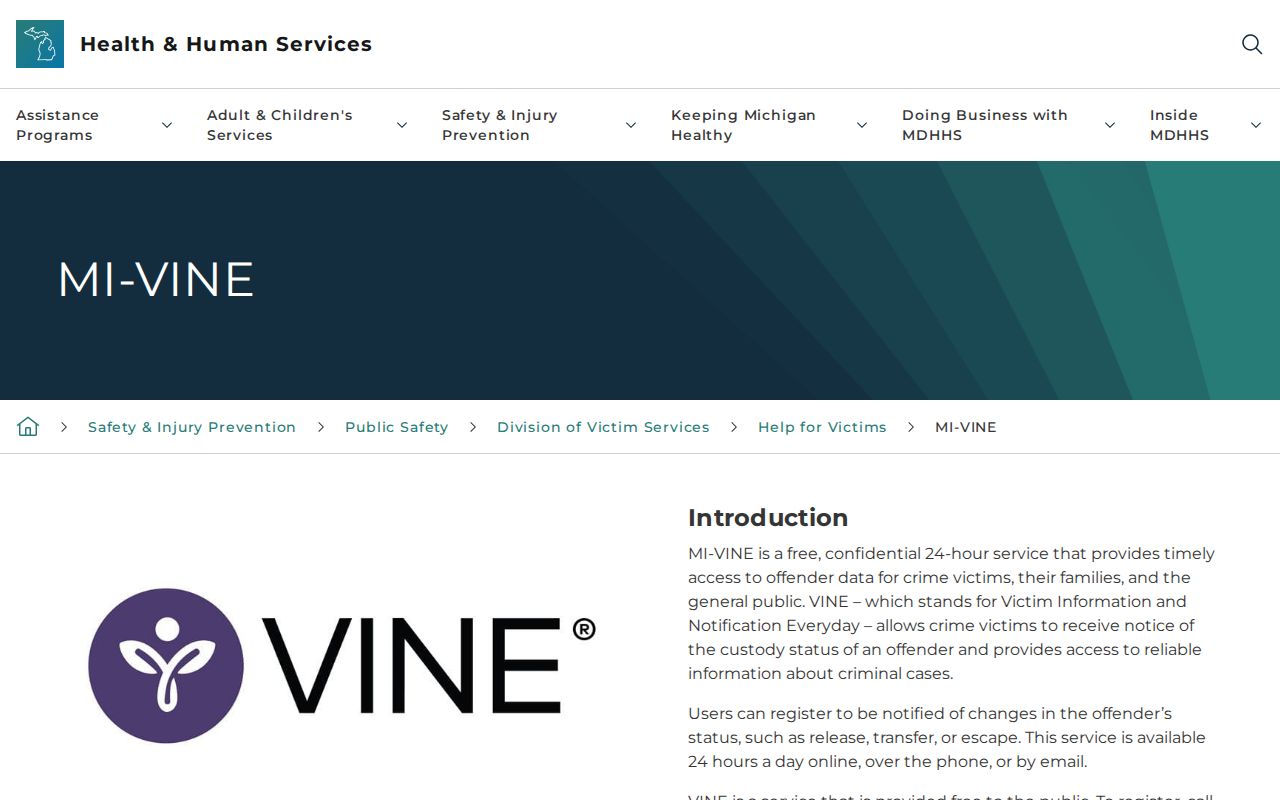 Official Michigan VINE information for a St. Joseph County inmate check